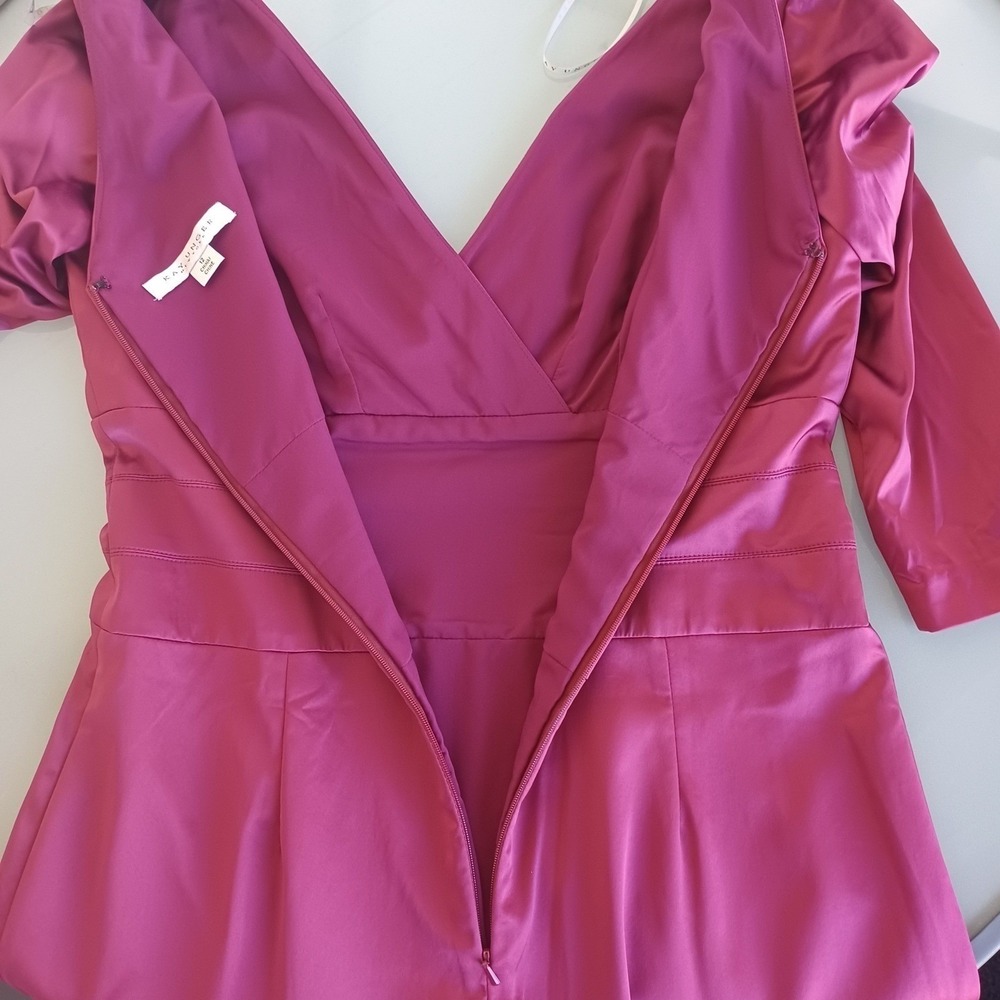 Kay Unger New York Berry Satin V-Neck 3/4 Sleeve TulipWrap Cocktail Dress 12 NWT - Picture 8 of 11